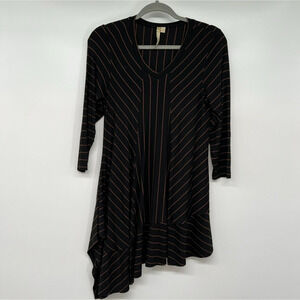 Comfy USA Keira Tunic Top XS Black Brown Striped V Neck Asymmetric Hem Stretch
